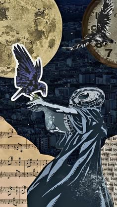 an image of a person holding a bird in front of the moon and music sheets