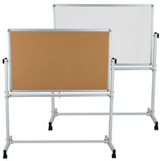 two whiteboards with wheels on each side, one has a cork board attached to it