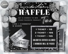 an advertisement for raffle time with silver balls and sparkles on the background, in black and white