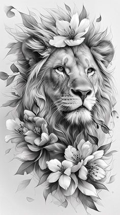 Realism Tattoo Animal, Lion Tattoo Female, Lion And Flowers Tattoo Design, Lion Floral Tattoo, Doves Tattoo Design, Lion Lamb Tattoo, Cowboy Tattoo Ideas, Leopard Tattoo Design, Lioness Drawing