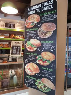 a menu board showing different types of sandwiches