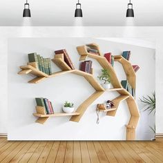 there is a tree shaped shelf with books on it