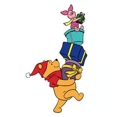 winnie the pooh flying through the air with presents on his back