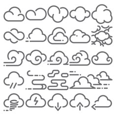 the weather icon set includes clouds, thunders and sunbeams in thin line style