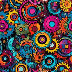 an image of colorful gears and cogs on a black background seamless wallpaper