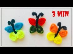 three small crocheted butterflies are shown with the numbers 3 and 4 on them