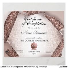 the certificate is displayed in front of a white background with pink and silver glitters