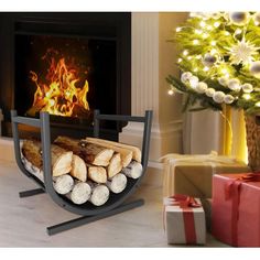 a fireplace with logs and presents in front of it