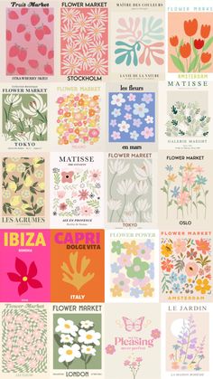 many different types of flowers are shown in this graphic art printable poster, which includes the