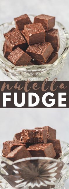 chocolate fudge in a glass bowl with the title above it