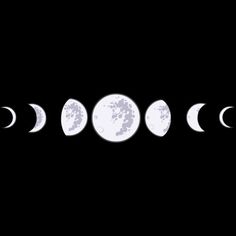 five phases of the moon in black and white, with one half being eclipsed