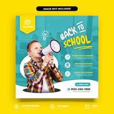 the back to school flyer with a boy holding a megaphone