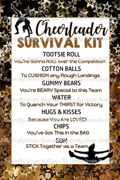 the cheerleader survival kit is shown with gold stars and black lettering on it,