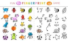 an open book with drawings on it and the words fun fingerprint game written in different colors