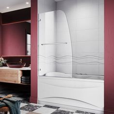 a bathroom with red walls and tile flooring, including a white bathtub next to a walk in shower