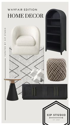 an advertisement for a home decor store with furniture and accessories in black and white colors