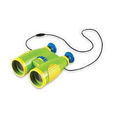 a green and yellow binoculars with cord attached to the side, on a white background