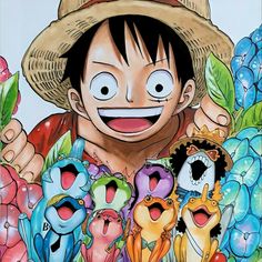 an image of a cartoon character surrounded by flowers and plants with his eyes wide open