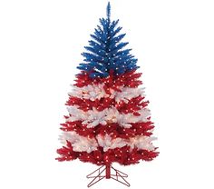 a red, white and blue christmas tree with lights