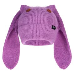 a purple knitted bunny hat with ears