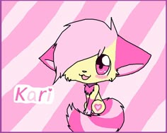 a pink and yellow cat with the word kari on it