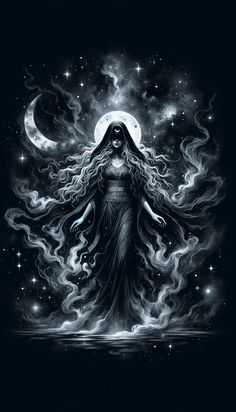 a woman with long hair standing in front of a full moon and stars filled sky