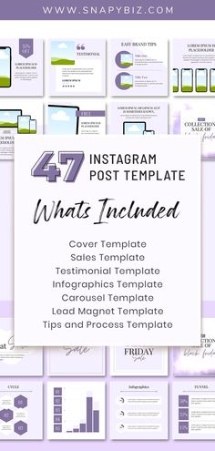 the instagram post template for what's included is shown in purple and white