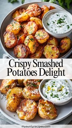 crispy smashed potatoes are served with ranch dip and parsley on the side for an easy appetizer