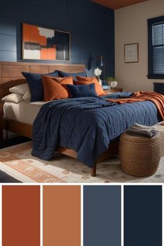 a bedroom with blue and orange colors on the walls, bedding and rugs