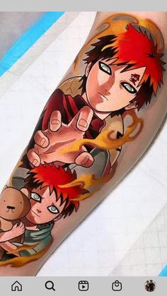 an anime character with red hair and black eyes on his leg is shown in this tattoo design