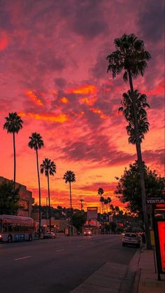 the sun is setting behind some palm trees on the side of the road in front of buildings