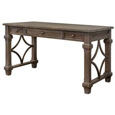 a wooden table with an ornate design on the top and bottom edge, against a white background