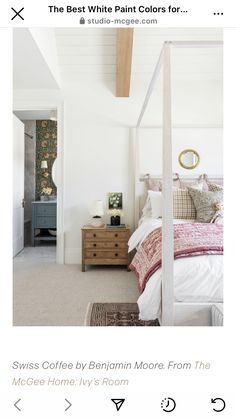 two pictures of a bedroom with white walls and furniture, one has a canopy bed