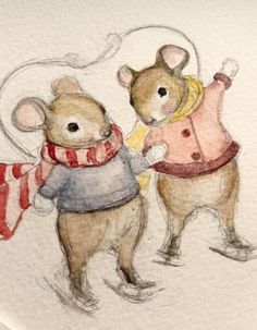 two mice are standing next to each other wearing sweaters and scarves, one is holding an umbrella