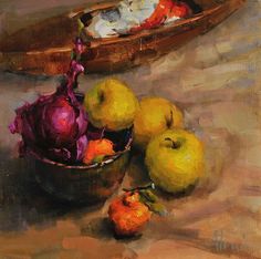 an oil painting of apples and onions in a bowl next to a canoe on the ground