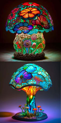 two lamps with different colors and designs on them, one is lit up in the dark