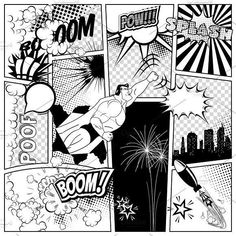 black and white comic book page layout with fireworks, stars and speech bubbles in the background