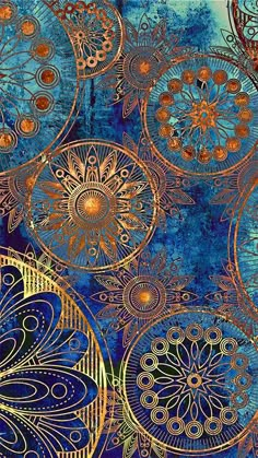 an abstract painting with gold and blue colors on it's surface, including circles