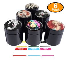 six different colored tins with marilyn monroe images on them, all in black and white