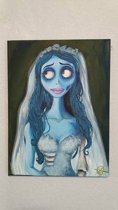 a painting of a corpse bride with blue hair and make - up on her face