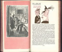 an open book with pictures of people in costumes and words on the front page that read cocktails