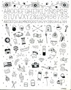 the alphabet and numbers are drawn in black ink on white paper, with various symbols