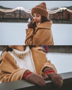 two photos of a woman in winter clothes talking on her cell phone and wearing mittens