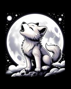 a white wolf sitting on the moon with its mouth open