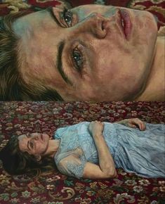 two paintings of a woman laying on a bed