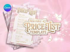 the price list is displayed in front of a pink background with white butterflies and sparkles