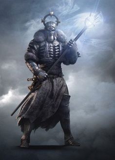 an image of a man in armor holding two swords on a cloudy sky with clouds behind him