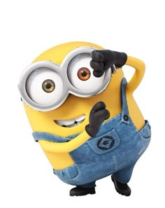 a yellow minion with big eyes and overalls pointing to the side while standing in front of a white background