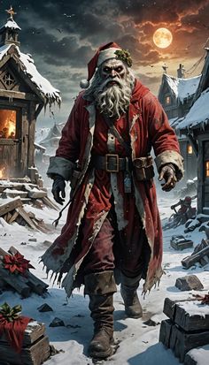 a man dressed as santa claus walking through the snow