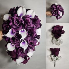 purple and white flowers are arranged in the shape of a bridal bouquet, which is being held by someone's hand